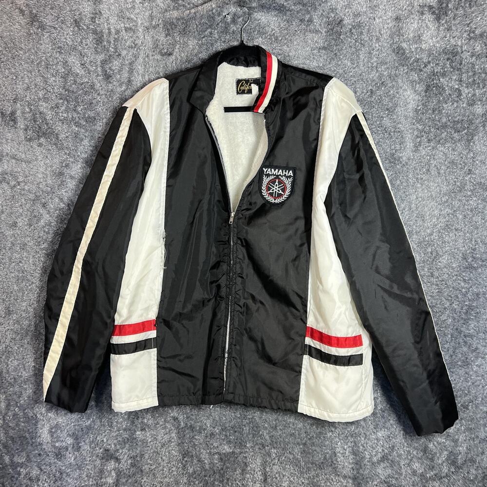 Vintage California Yamaha Jacket Mens Large Black White Fleece Lined Windbreaker